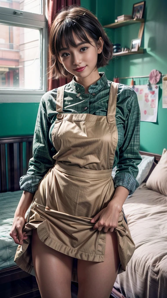 ((nsfw:1.35))、close range、Beautiful woman、cute、((Female Nursery Teacher))、smile、Extra Very Short Hair、((Delicate photo)),(Detailed RAW photos of girls), (Tabletop:1.0), (Highest quality:1.6), (Ultra-high resolution:1.5), (Realistic:1.75), 8K resolution, Absurd, Ultra-detailed,Cinema Lighting,、nursery school、Braid、((Wearing an apron:1.2))、(Hairstyle with bangs)、Long sleeve T-shirt、((Colorful kids room:1.1))、((Lots of toys:1.))、Pleated skirt、((cute壁紙の部屋))、((Skirt Lift:1.25))、((Printed panties are visible:1.1))