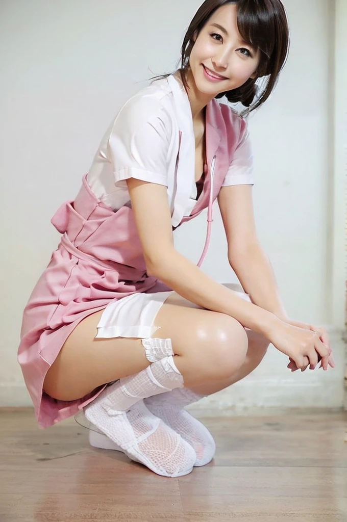 nsfw,nude,Open Chest,1 Female, nurse, nurse Cap, Whiteware, ((White legwear, zettai ryouiki)), White gloves, Pink lipstick, smile, Are standing, Sharp contours, Short sleeve, Highest quality, Tabletop, clinic、Browsing Caution,Focus on the thighs,Upturned nipples、Spread your legs wide、Angle from below、Crouching、hands on thighs