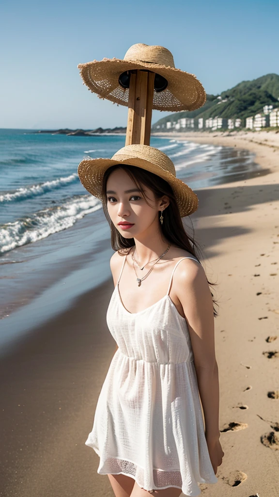 one girl,Beutiful women,Photograph the whole body,At morning,Along the coast,Put on earrings,Wear a silver necklace,Wear a white dress,Wear a straw hat,Random poses