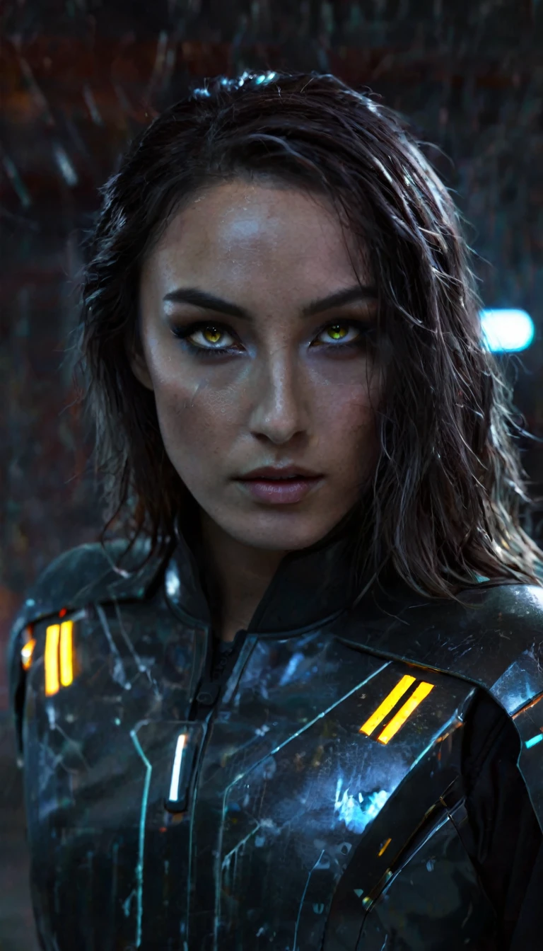 battle damage , missing arm ,bright yellow eyes, ultra-detailed,vibrant colors,sci-fi,portrait,dramatic lighting,detailed facial features,dark background,long hair,glowing eyes,futuristic clothing,expressionless face,metallic texture,bright highlights,high contrast,radiant colors,artificial intelligence theme,sharp focus,technological elements,shadows and highlights,ethereal glow,neon lights,stormy atmosphere,otherworldly setting,unconventional composition,sharp lines,sleek design,mysterious atmosphere,unearthly beauty,digital enhancements,advanced technology,glowing circuitry,abstract background,ominous presence,subtle reflections,energetic pose,unique perspective,foreshortening effect,symmetrical composition,imposing presence,dynamic energy,striking visual impact,translucent overlays,organic and mechanical fusion.
