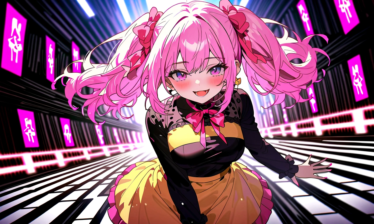 White woman pink hair yellow short skirt with 4 big ass black panties sex short black blouse pink bow with microphone 8k