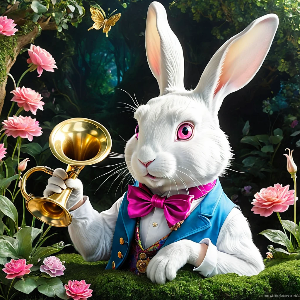 Produce a detailed and whimsical image of The White Rabbit from Alice in Wonderland. Highlight his distinctive features, including his pink eyes, waistcoat, pocket watch, and the trumpet he carries. The image should capture the character's hurried and anxious demeanor as he exclaims, 'I'm late, I'm late!' Ensure that the artwork is vibrant and suitable for various applications, including stickers, posters, and digital media.