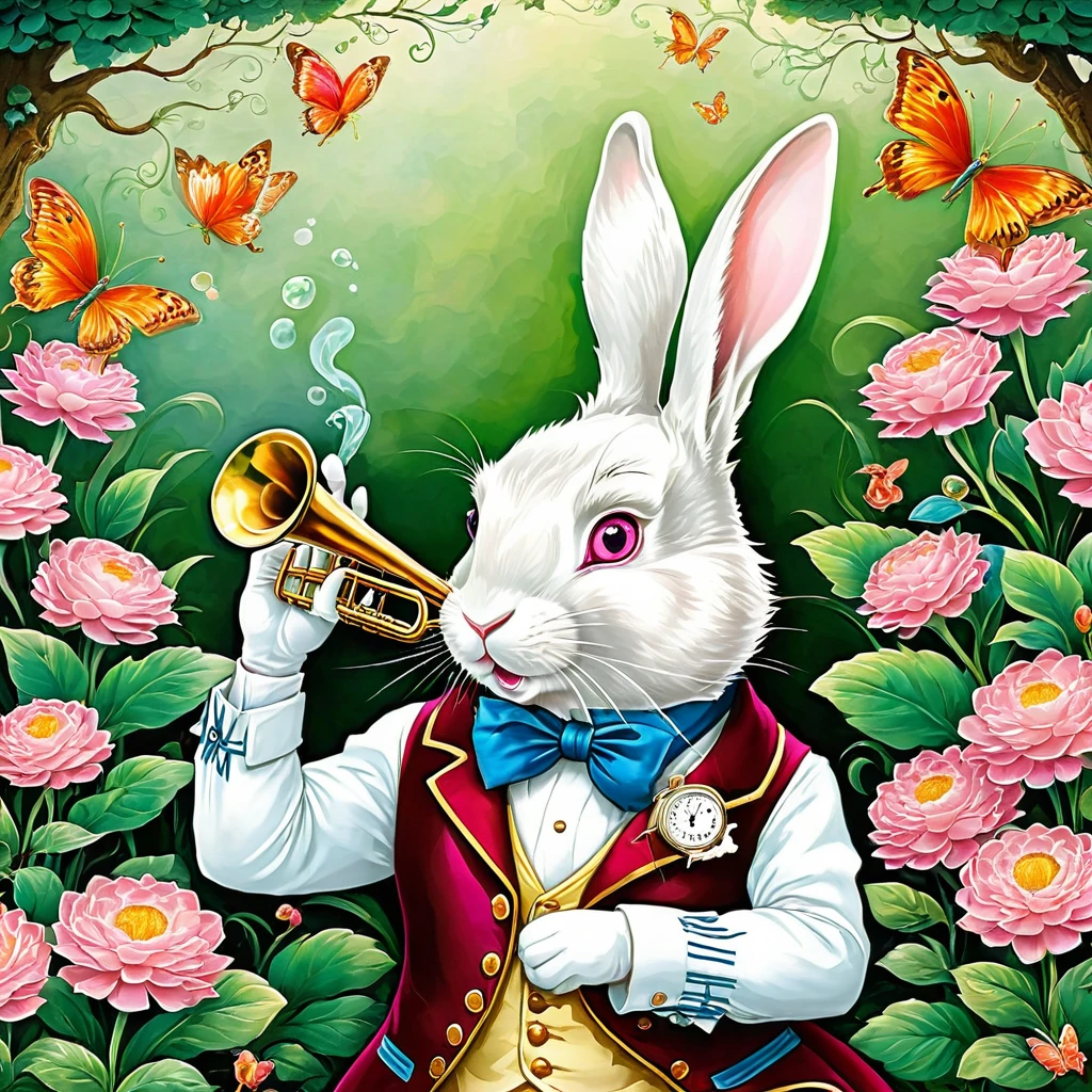 Produce a detailed and whimsical image of The White Rabbit from Alice in Wonderland. Highlight his distinctive features, including his pink eyes, waistcoat, pocket watch, and the trumpet he carries. The image should capture the character's hurried and anxious demeanor as he exclaims, 'I'm late, I'm late!' Ensure that the artwork is vibrant and suitable for various applications, including stickers, posters, and digital media.