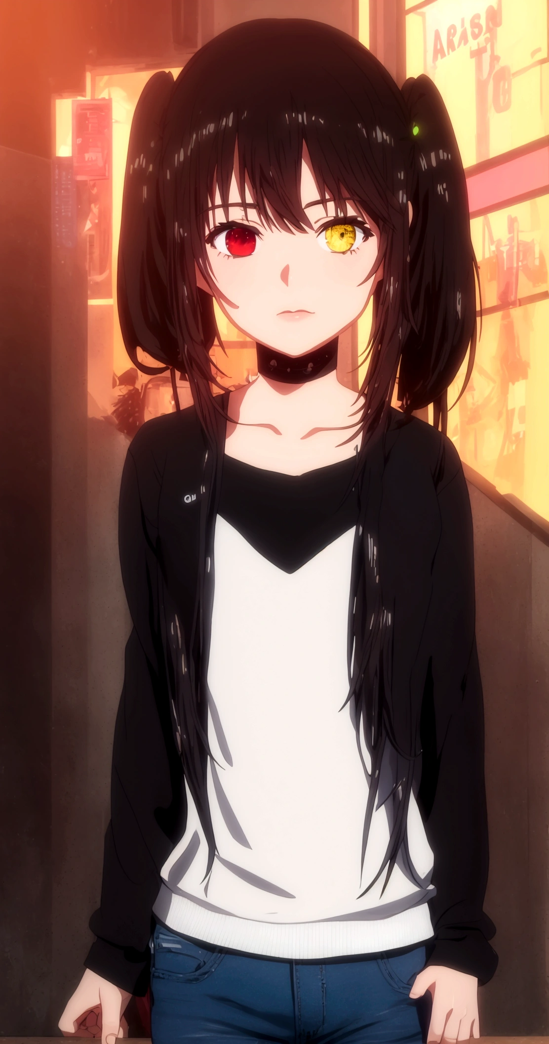 (top-quality, 8K, masterpiece:1.3) A photo of vibrant,
tokisaki kurumi, heterochromatic eyes, right red eyes, left yellow eyes, black hair, long hair, twintails, asymmetrical twintails,(hands behind back:1.3),
wearing a neon pink off-the-shoulder sweatshirt, high-waisted acid wash jeans, and white Keds,
standing in front of a retro-futuristic cityscape at dusk, with neon lights reflecting off the wet pavement,
taken with cowboy shot, portrait mode, highly detailed, detailed skin,
dramatic, warm, and moody neon-lit lighting with a hint of fog.