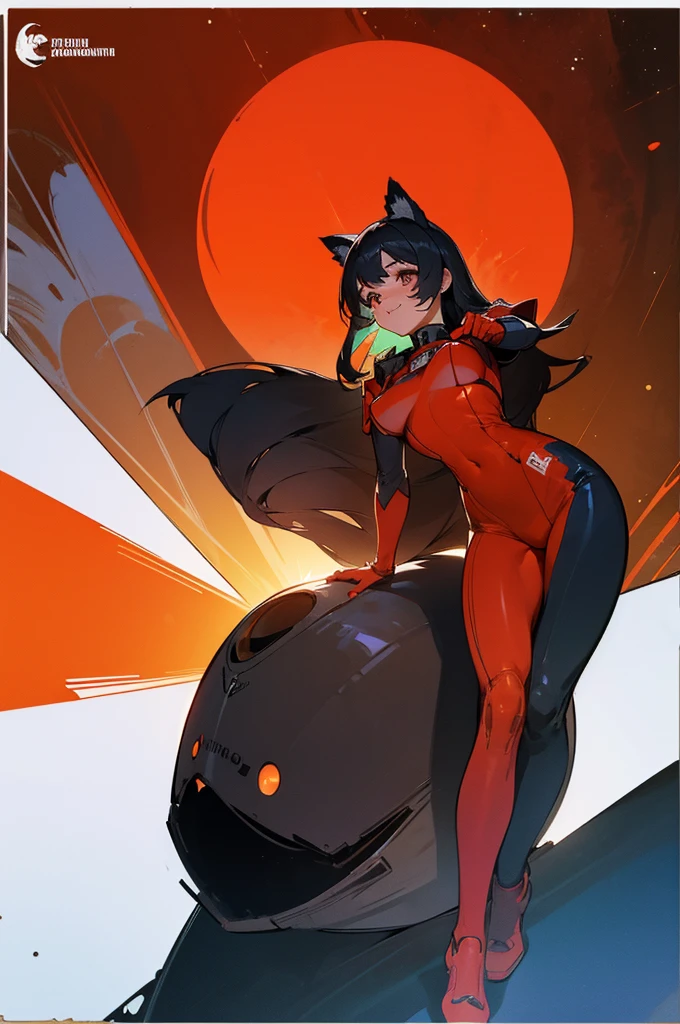 1girl,curvy_breasts, cute, beautiful detailed eyes, shiny hair, visible through hair, hairs between eyes, (Caucasian face, Europe face, eastern Europe girl), (USSR poster), (soviet poster), red monochrome, (soviet, communism, ((PROPAGANDA POSTER))), Black_hair, monster girl, wolf girl, wolf ears, wolf tail, smiling, red_eyes, furry, teenage, goodbreast, {Spacesuit|Orange_clothing_body|jumpsuit},red_gloves, white_space_shoes, white_helmet, ((the USSR red letters on the poster)), weightlessness, Side light, reflection, The person in the spacesuit is at the bottom left of the frame, The right hand is outstretched, Space station in the upper right corner of the screen, Reflected light from the sun, Silver metal, red flag, (USSR style), diffuse reflection, Metallic texture, (alien planet background), (pinup-girl, the sea of star on background), (effect of old poster )