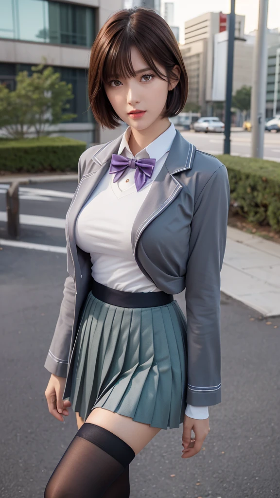 (masterpiece:1.2, Highest quality, Ultra-high resolution, Very detailed), (Realistic, photoRealistic:1.4), Beautiful illustrations, colorful, (Natural Side Lighting, Cinema Lighting), 
avert your eyes, 1 Girl, Japanese, high school girl, Perfect Face, (Perfect Anatomy), Cute and symmetrical face, Shiny skin, thin, Medium bob hair、
(Short Hair:1.2, Straight hair:1.5, Reddish brown hair), Hair between the eyes, Swept-apart bangs, Red Hair Clip, Dark brown eyes, Droopy eyes, Big eyes, Long eyelashes, (Center of chest), 
Beautiful Hair, Beautiful Face, Beautiful details, Beautiful clavicle, Beautiful body, Beautiful breasts, Beautiful thighs, Beautiful feet, 
((Detailed cloth texture, Long sleeve light gray sailor suit, Tight purple pleated skirt, White sailor collar, Dark green bow tie, White socks, Brown Loafers)), 
(Beautiful views), Written boundary depth, evening, (Outdoor, distant cityscape), Are standing, (surprised, Open your mouth),