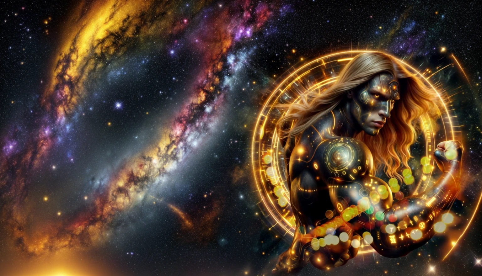 Complete the scene with a galaxy in yellow and gold tones