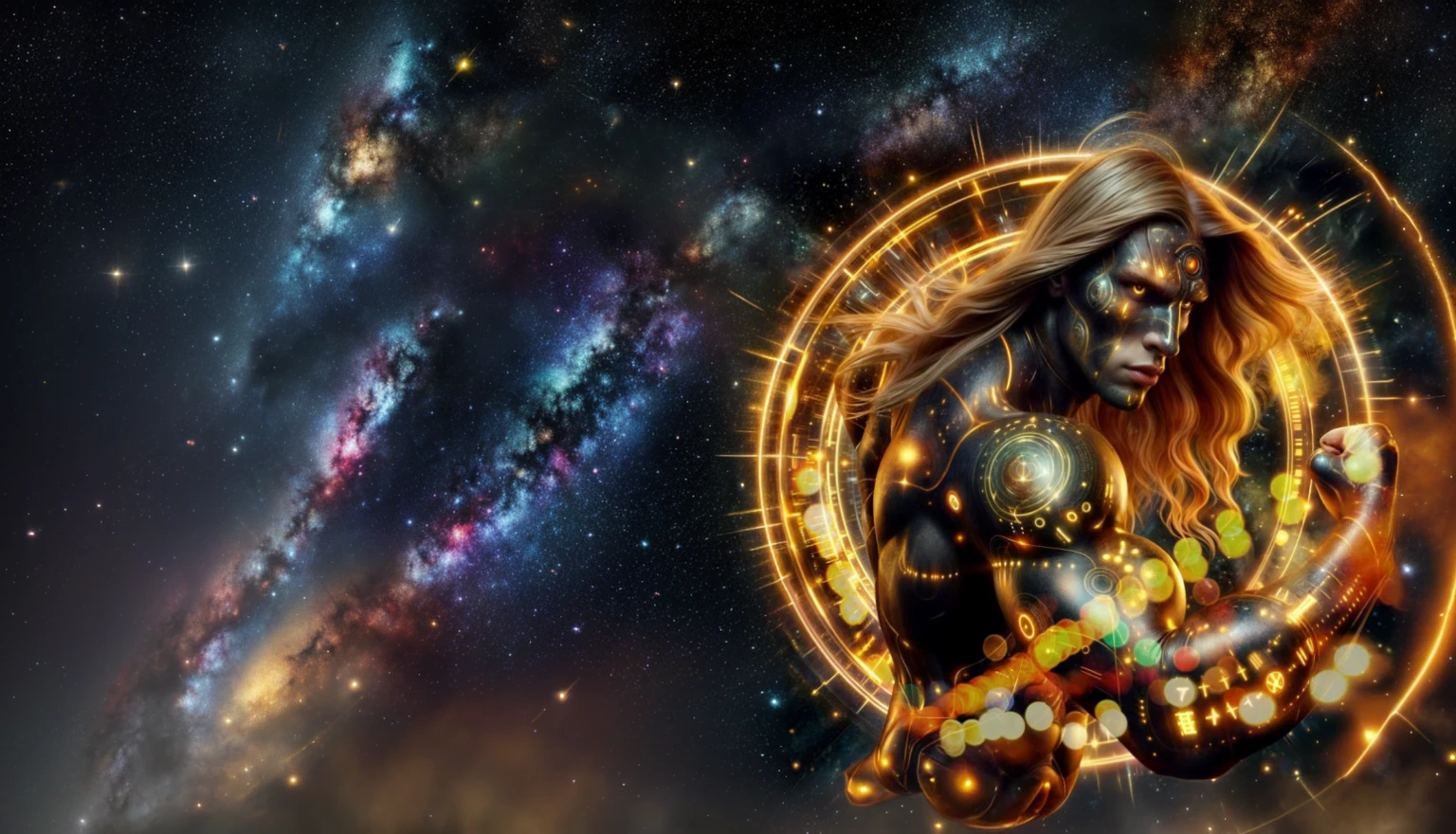 Complete the scene with a galaxy in yellow and gold tones