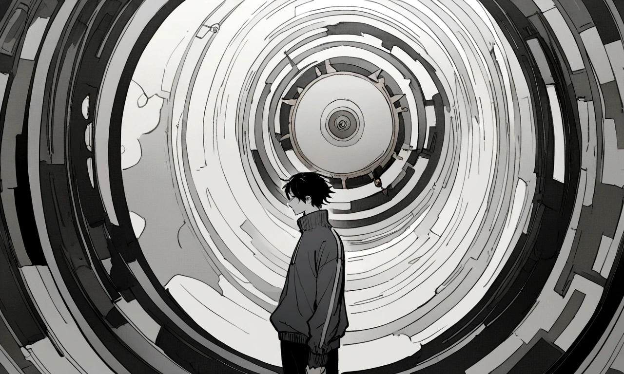black and white drawing, giant clockwork background, human, 26 year old male, black neat hair, a lonely face, wearing gray tracksuit, wind up, 온몸을 사용해서 wind up.