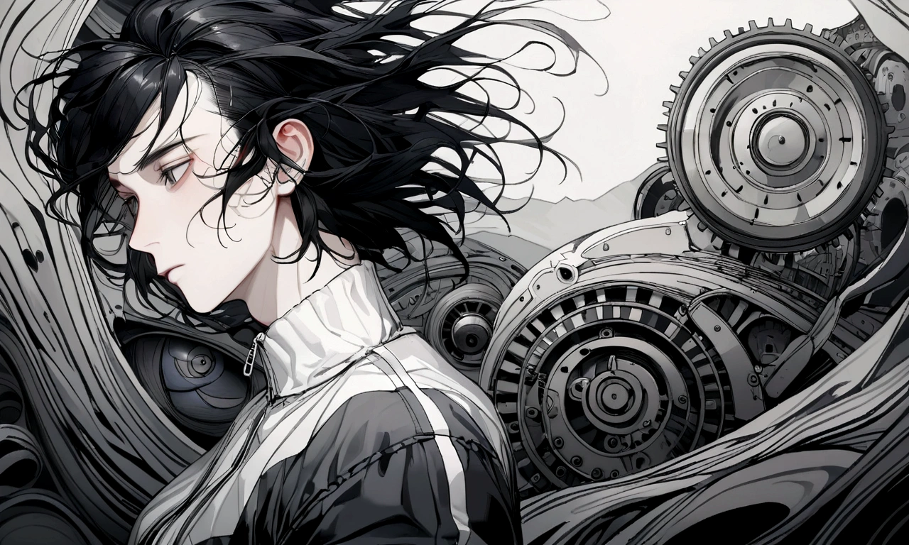 black and white drawing, giant clockwork background, human, 26 year old male, black neat hair, a lonely face, wearing gray tracksuit, wind up, 온몸을 사용해서 wind up.