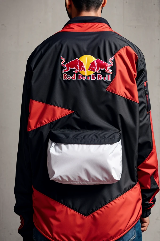 Create a jacket with red colors, black and white with the logo of a red bull and the Pichincha school shield 