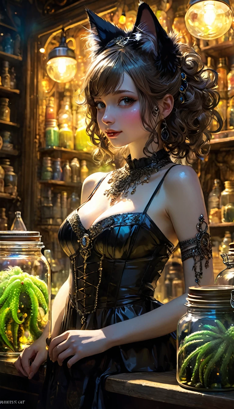 a sexy girl in a sexy dress attends the store at the counter, fantastic store, fantasy world, dark, disturbing, strange, unnatural, (Rembrandt Lighting: 1.3) light particles, lens flares, store with various tentacles inside jars large, side chest, forest cat on stage, upper body close-up, fantastic backgrounds, fantastic angles (masterpiece: 1.2), (best quality: 1.2), intricate details, newest, AI generated (Bill Sienkiewicz inspired art, intricate details, oil painting)