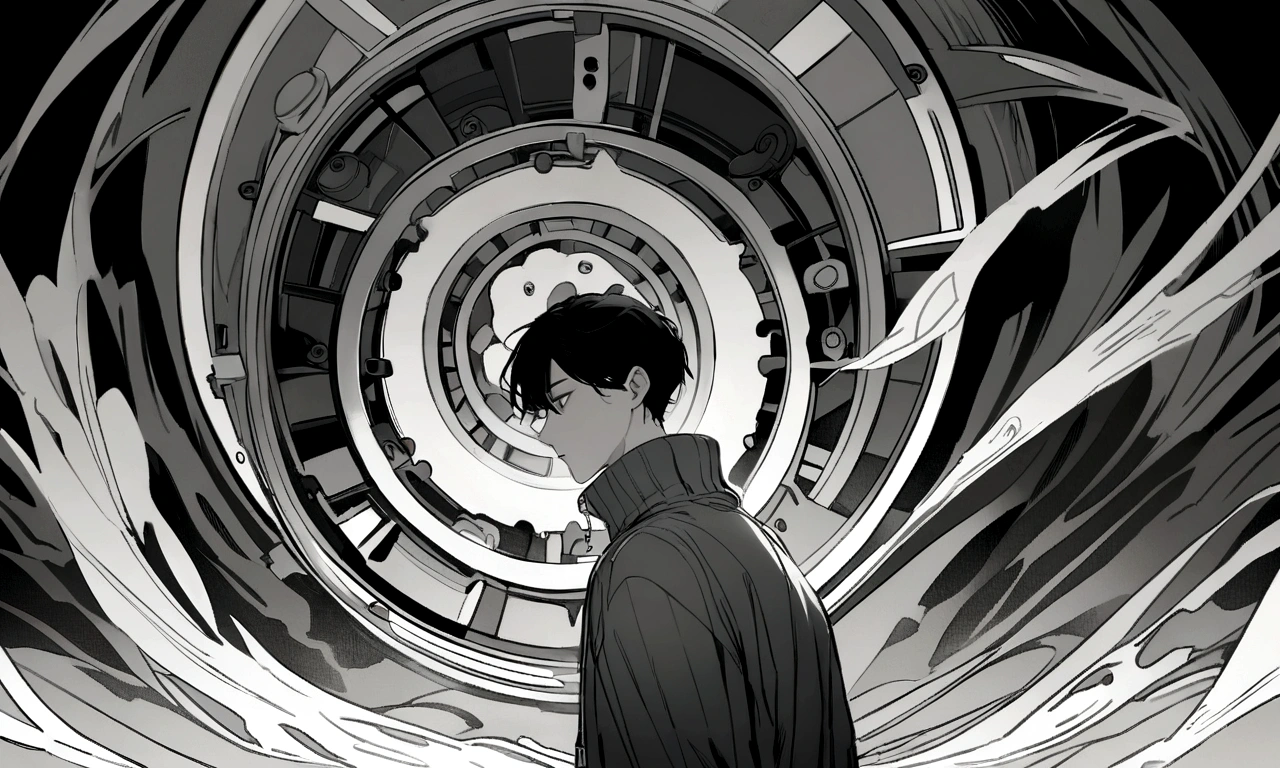 black and white drawing, giant clockwork background, human, 26 year old male, black neat hair, a lonely face, wearing gray tracksuit, wind up, 온몸을 사용해서 wind up.
