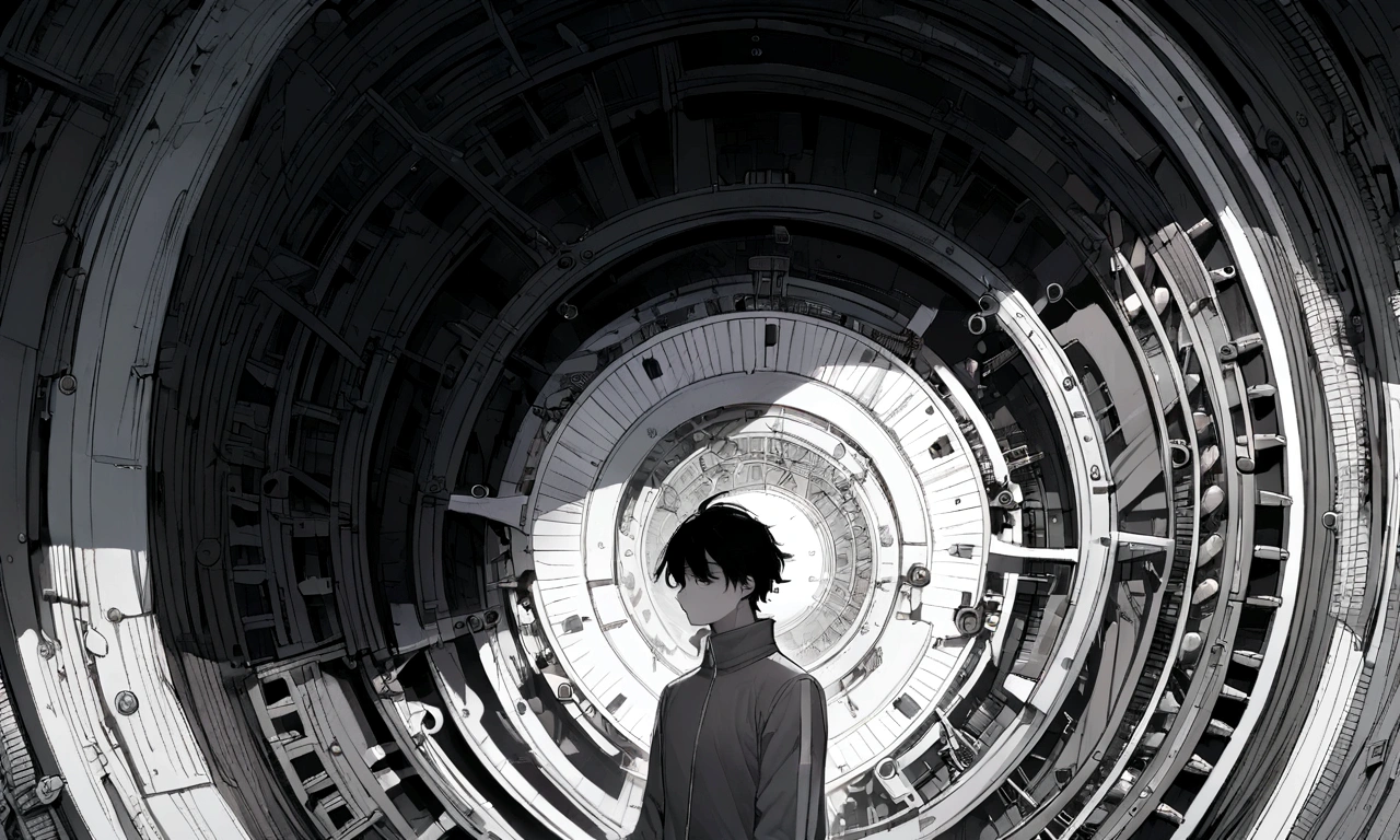 black and white drawing, giant clockwork background, human, 26 year old male, black neat hair, a lonely face, wearing gray tracksuit, wind up, 온몸을 사용해서 wind up.