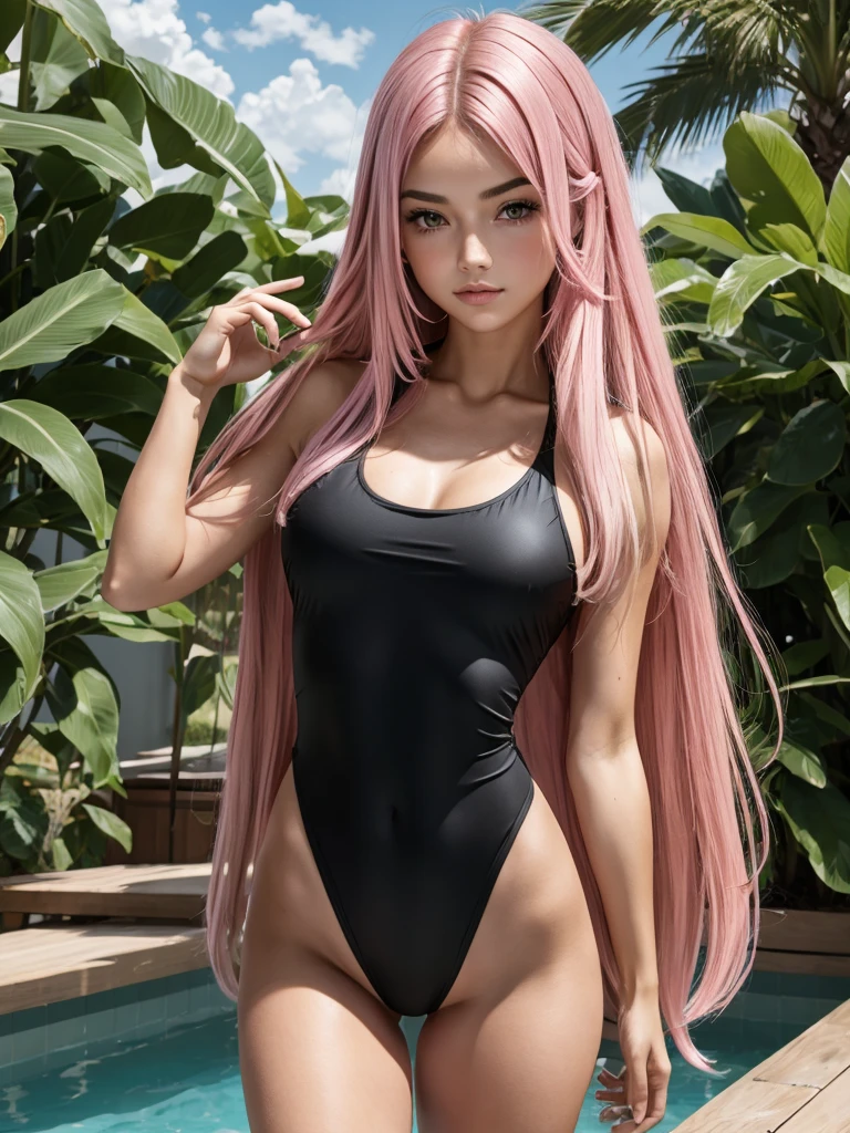 beautiful girl pink long hair . black swimsuit