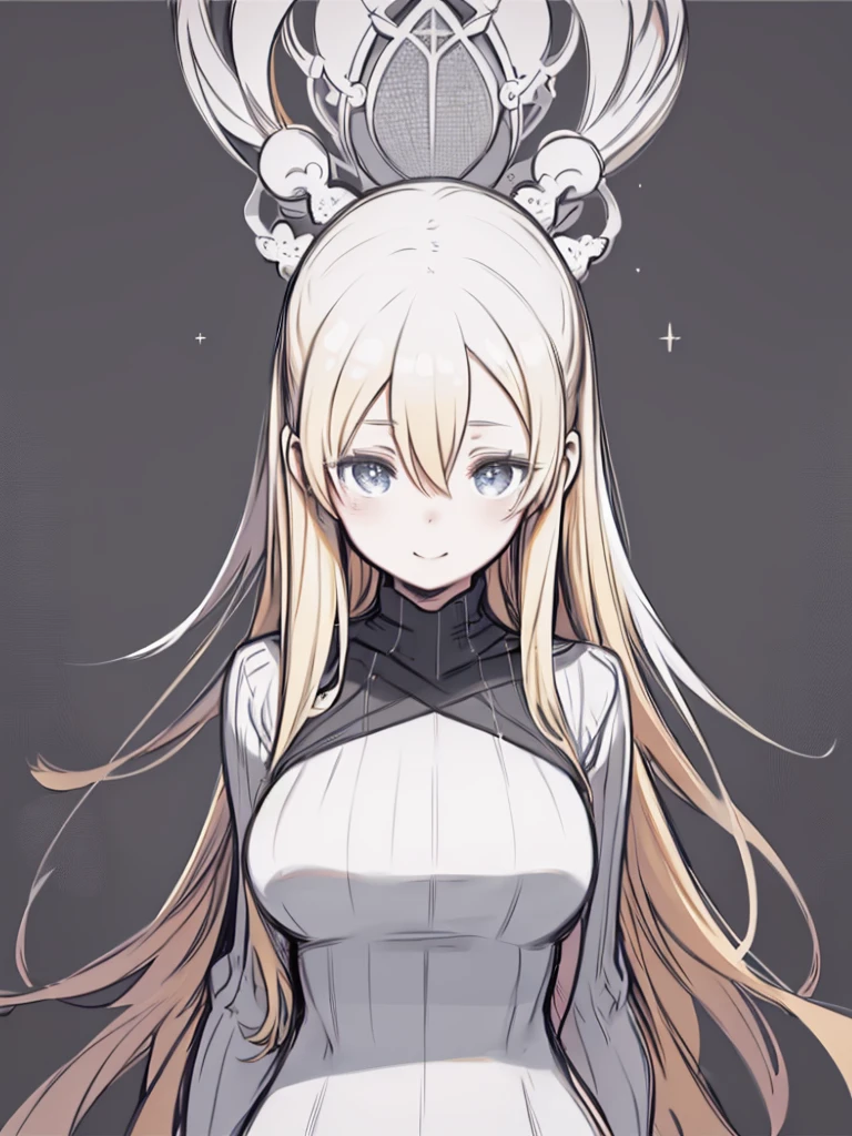 One Girl、((Character design sheet、Monochrome、Black and White、Flat Color))、Blonde long hair、Hair between the eyes、Big Breasts、Huge breasts、(Turtleneck sweater)、Clothes with body lines、upright、Watching the audience、Embarrassed、Smiling、Angle from the front、Upper Body、Put your hands down、Hands behind the back、Simple Background、