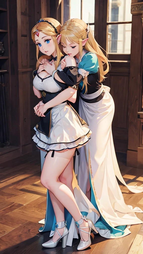(Full body image:1.5), (Princess Zelda, Are standing, alone:1.2) ,(Large Breasts:1.5), (She is wearing a black maid outfit、wearing a very short white skirt。/Her body-hugging clothes:1.3), (She's in front of the bed in the hotel room:1.3), she has (blue eyes, Dark green mohawk:1.2), (She's smiling, Looking at the audience. Exhibitionist pose:1.2), Anime Style, 16K, Highest quality, Attention to detail, Textured skin, Ultra-high resolution, masterpiece, Anatomically correct,Angry,Bad mood,Highly revealing