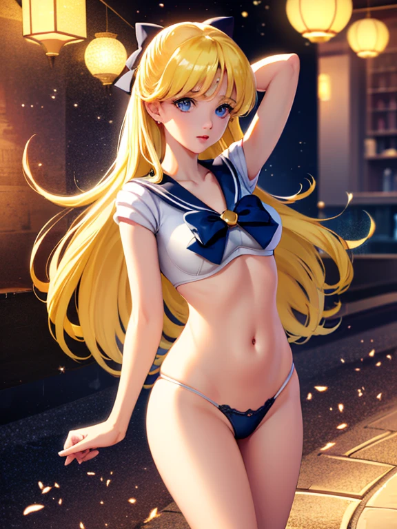 sailor venus, 4K quality, (Masterpiece), photorealistic, 1 woman, by rubio, Blue eyes, expressive eyes, beautiful woman, wide, Little white bra, black lace, white panties, in a bar