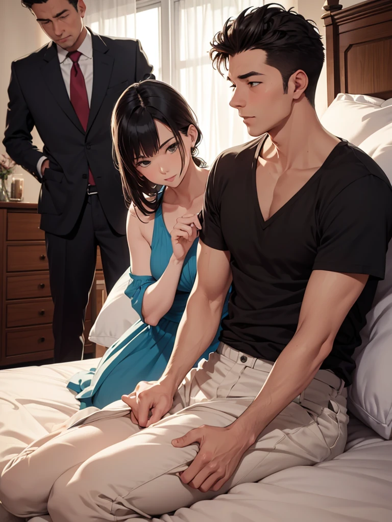 Two adult friends, A Man and a Woman, the man is taking care of the woman in bed, she's sick, She has blonde hair and blue eyes while the man has black hair and black eyes.