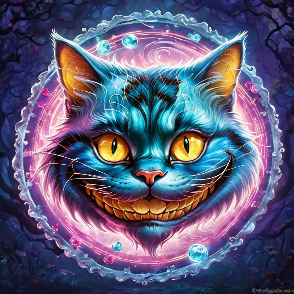 Create a mesmerizing and enigmatic image of The Cheshire Cat from Alice in Wonderland. Emphasize the cat's mischievous grin, its translucent appearance, and its ability to appear and disappear at will. The image should evoke a sense of mystery and whimsy. Ensure that the artwork captures the essence of this iconic character, making it suitable for various applications, including stickers, posters, and digital media.