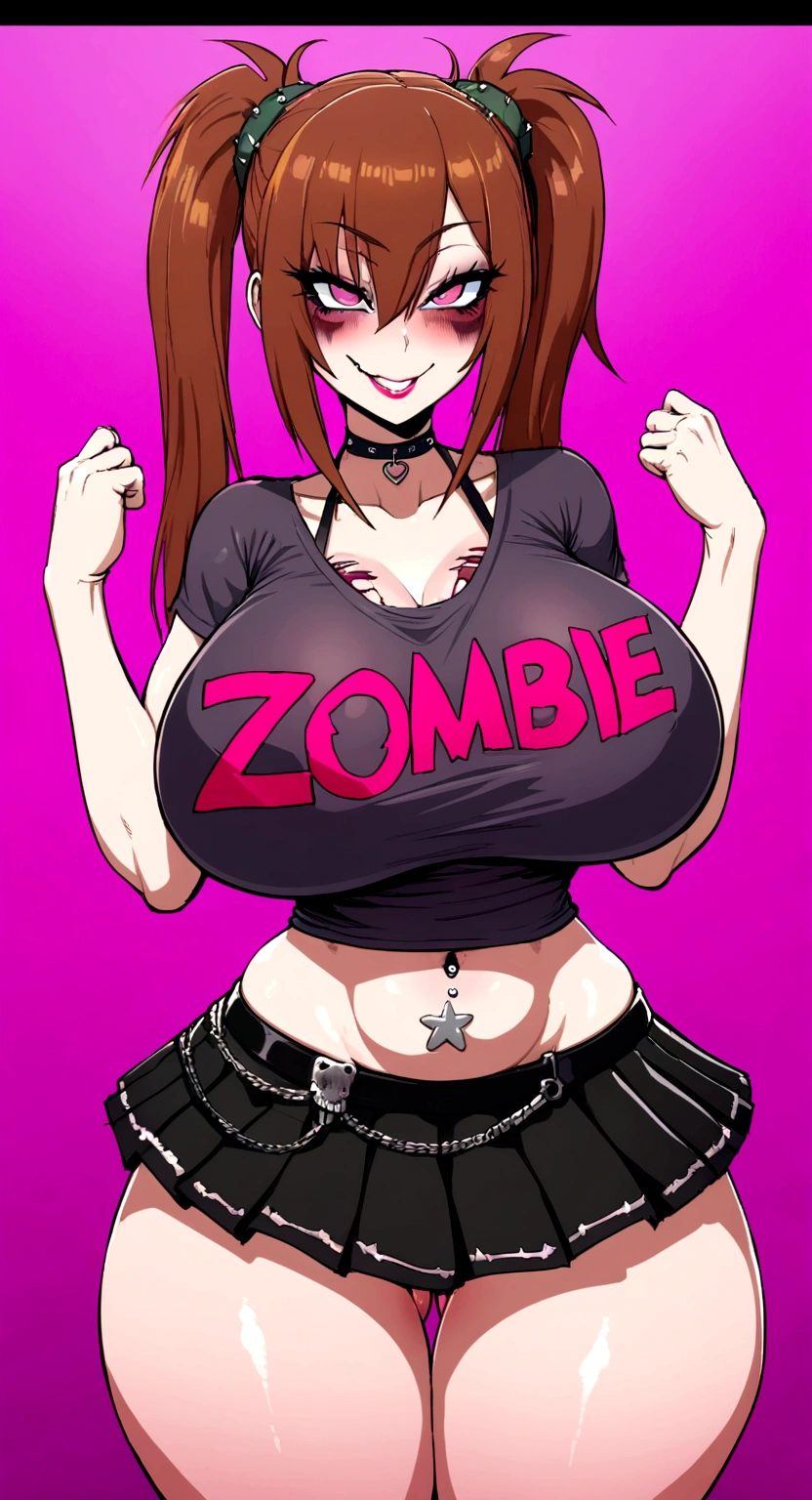 big lips, Brown hair, pink eyes, japanese face, improve, improve grin, two sides up, huge breasts, Wide hips, sexy, detailed, pink room, Hits, (evil smile1.4), kawaii, pleated skirt, punk, GOOD, zombie costume, zombie shirt, zombie choker, zombie skirt, dezombie shirt,navel piercing