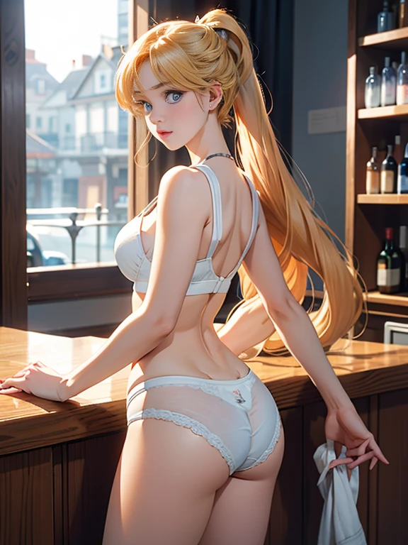 sailor venus, 4K quality, (Masterpiece), photorealistic, 1 woman, by rubio, Blue eyes, expressive eyes, beautiful woman, wide, Little white bra, black lace, white panties, in a bar