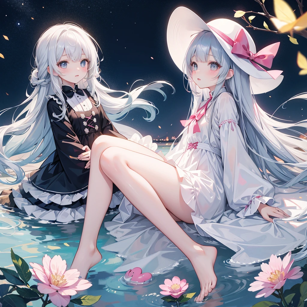 Silver long hair、Children Girls、Child's body、Red eyes、Red plaid miniskirt、Black and white stripes々Long patterned socks、Bare Belly、Bare thighs、Have a large cauldron