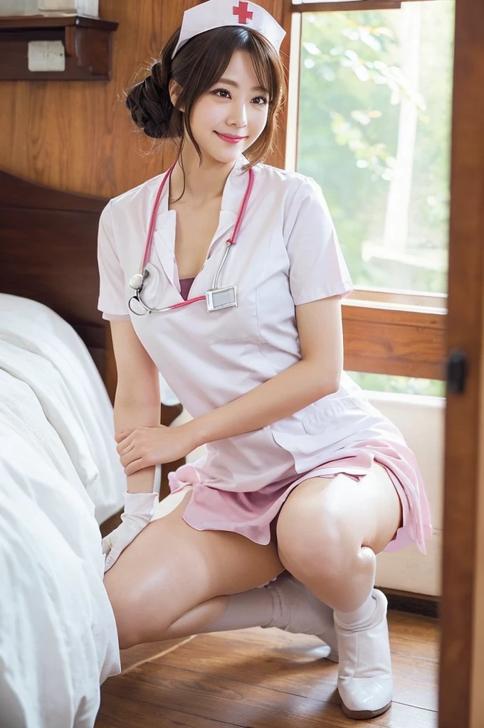 nsfw,nude,Open Chest,1 Female, nurse, nurse Cap, Whiteware, ((White legwear, zettai ryouiki)), White gloves, Pink lipstick, smile, Are standing, Sharp contours, Short sleeve, Highest quality, Tabletop, clinic、Browsing Caution,Focus on the thighs,Upturned nipples、Spread your legs wide、Angle from below、Crouching、hands on thighs