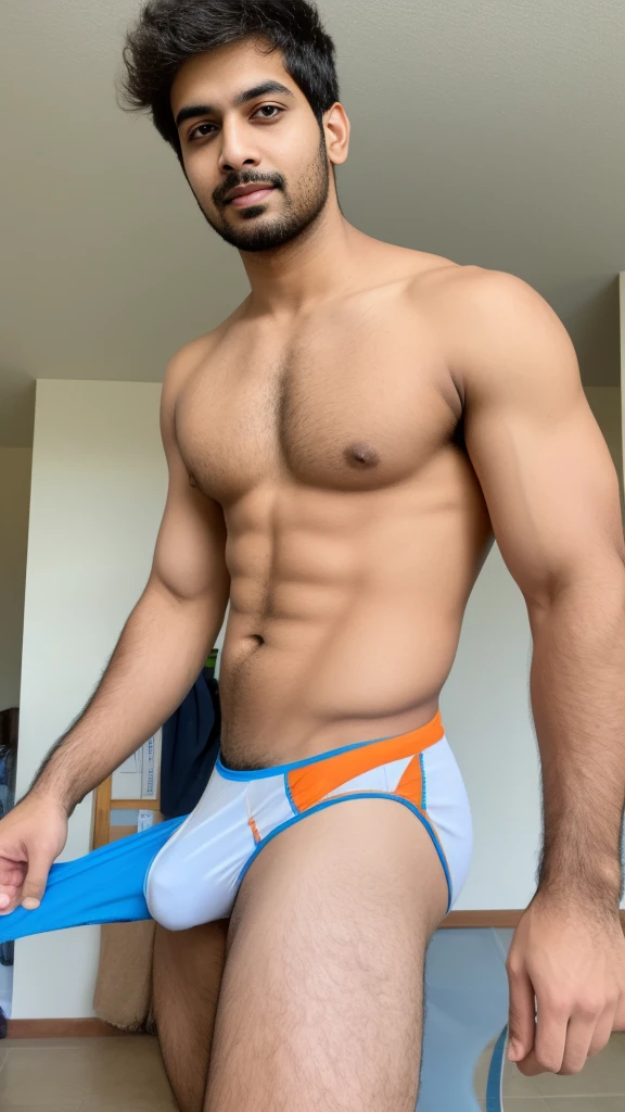 A sexy indian man wearing a tank top and a ultra thin speedo underwear, bulge, homoerotic, messy hair, detailed face and eyes, focus on the way,head to thighs on focus 