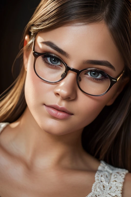 a girl wearing glasses, beautiful detailed eyes, beautiful detailed lips, extremely detailed face, longeyelashes, intricate hairstyle, delicate facial features, soft lighting, warm color tones, cinematic composition, digital painting, highly detailed, 8k, ultra-detailed, (best quality,4k,8k,highres,masterpiece:1.2),ultra-detailed,(realistic,photorealistic,photo-realistic:1.37),HDR,UHD,studio lighting,extreme detail description,professional,vivid colors,portrait