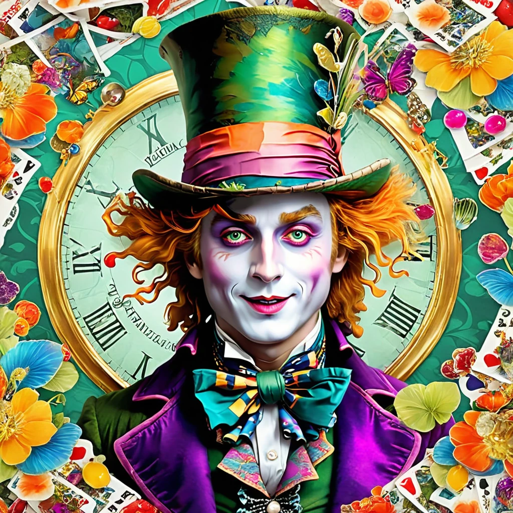 Create a whimsical and eccentric image of The Mad Hatter from Alice in Wonderland. Highlight the character's quirky attire, including the oversized hat adorned with a price tag, and his joyful yet slightly mad expression. Infuse the image with vibrant colors and surreal elements that capture the essence of Wonderland. The artwork should evoke a sense of wonder and playfulness, making it suitable for various applications, including stickers, posters, and digital media