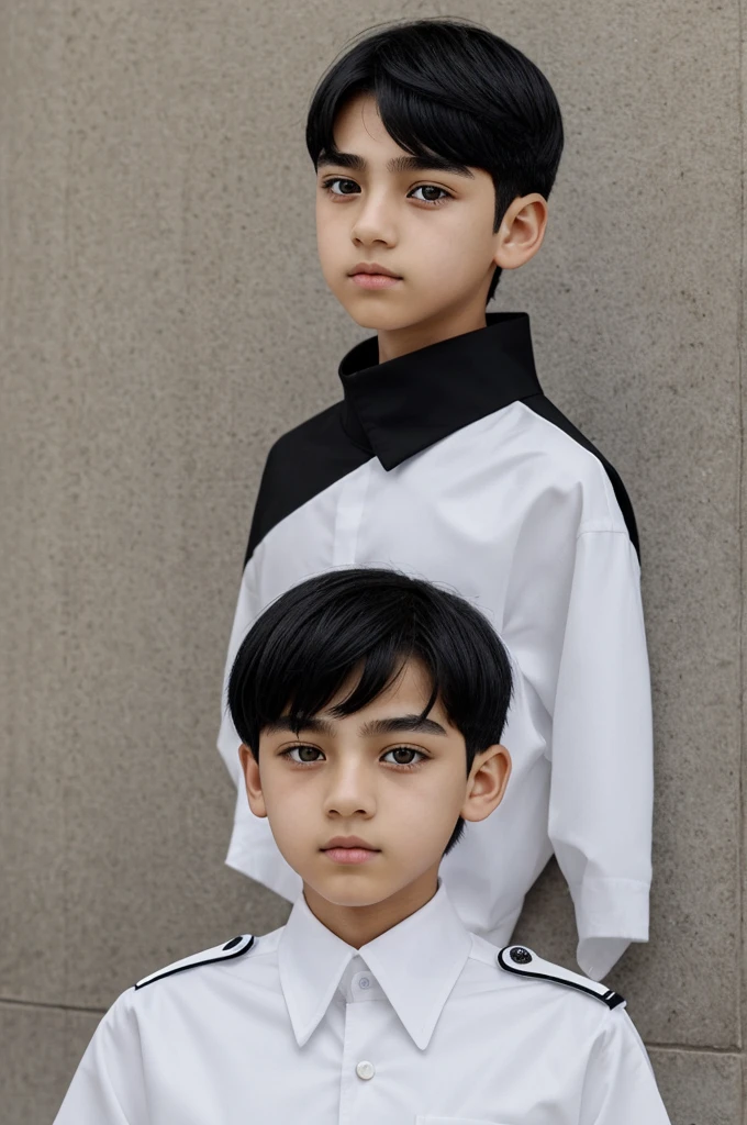 you have a 13 year old boy with slanted eyes, black eyes, with short black straight hair,It has no fringe and a wheatish color. , wide straight and elongated eyebrows , with a white uniform and black pants, flat greek nose, not so thin, dry lips without much color