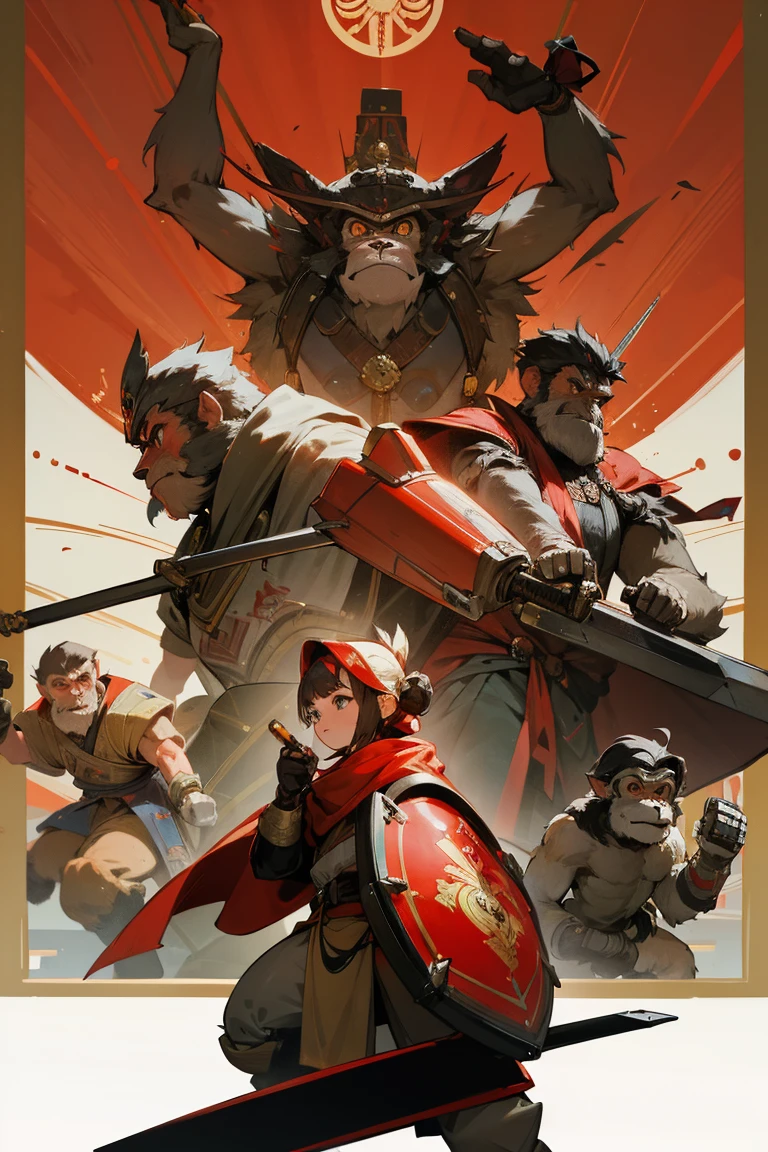 A warrior robot monkey with bow, a warrior robot monkey with sword, a warrior monkey with shield, friends, centered next to each other 