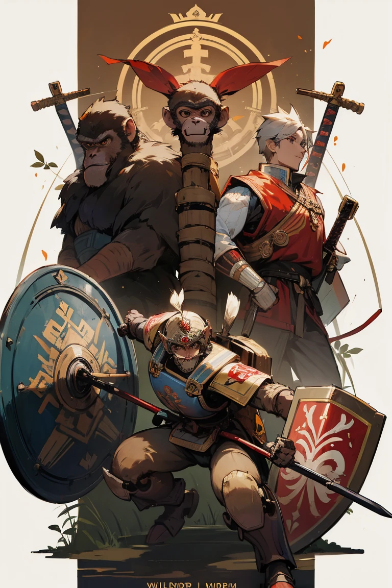 A warrior robot monkey with bow, a warrior robot monkey with sword, a warrior monkey with shield, friends, centered next to each other