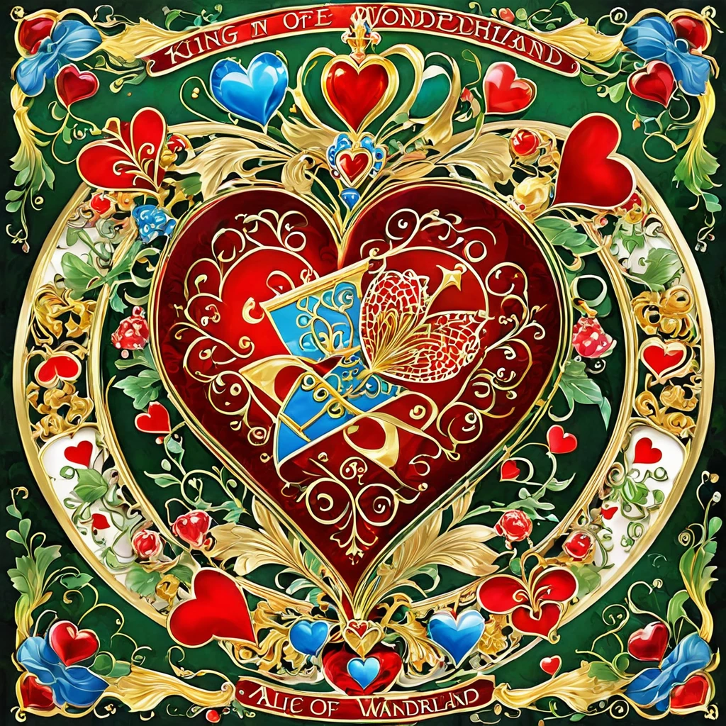 Create an artistic portrayal of The King of Hearts from Alice in Wonderland. Emphasize his regal demeanor, elaborate robes, and the heart motif. The image should reflect both his authority and the whimsical nature of Wonderland. Employ vibrant colors and intricate details to bring out the character's essence. This artwork should be suitable for various applications, such as posters, digital media, and merchandise.