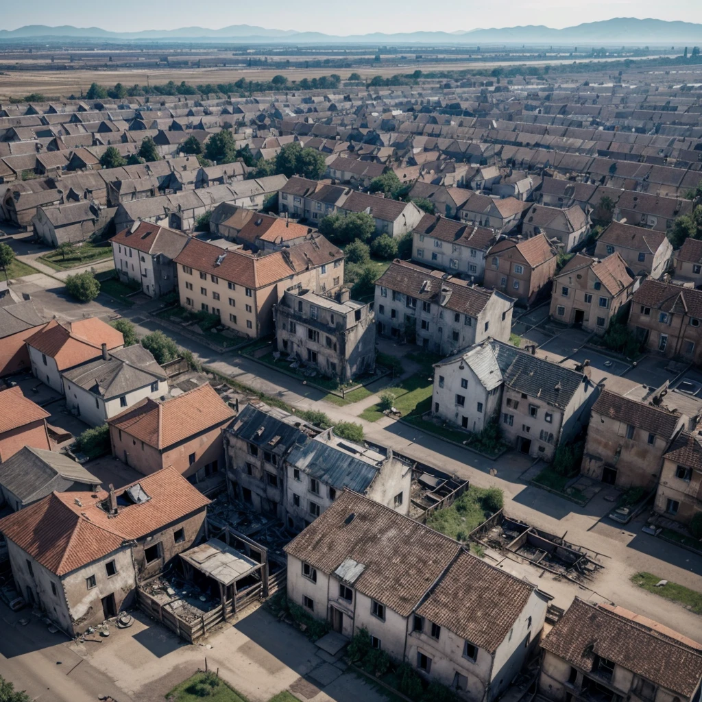 a village devastated by flames, houses and buildings in ruins with a broken fountain in the center, charred houses with crumbling walls and collapsing roofs, the view from above with the entire outline of the village and burned surroundings, An atmosphere of desolation and sadness permeates the scene, photography realistic, 24mm wide angle lens, --ar 16:9 --v 5