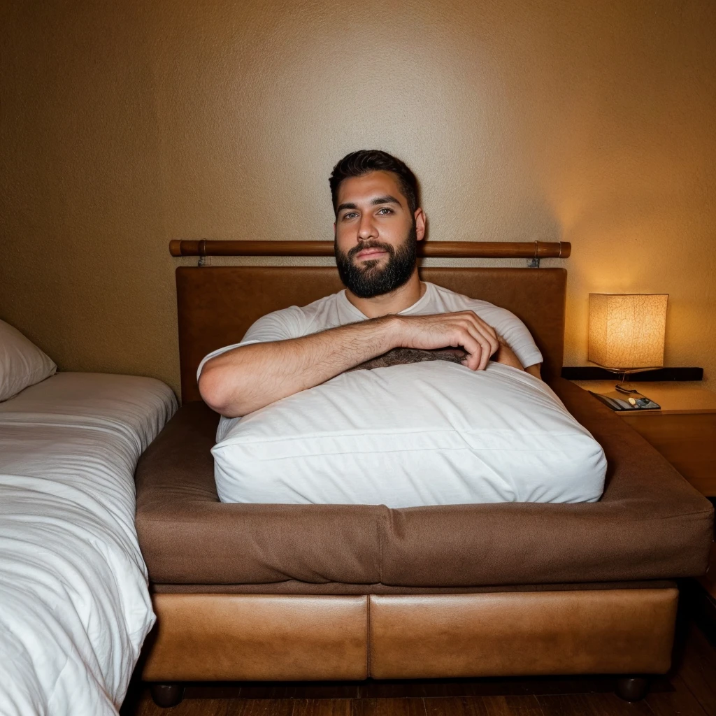 A tall, handsome and attractive 30-year-old man with a well-groomed thick beard and brown eyes, lying on a bed that is too small for him, his feet sticking out from the bed