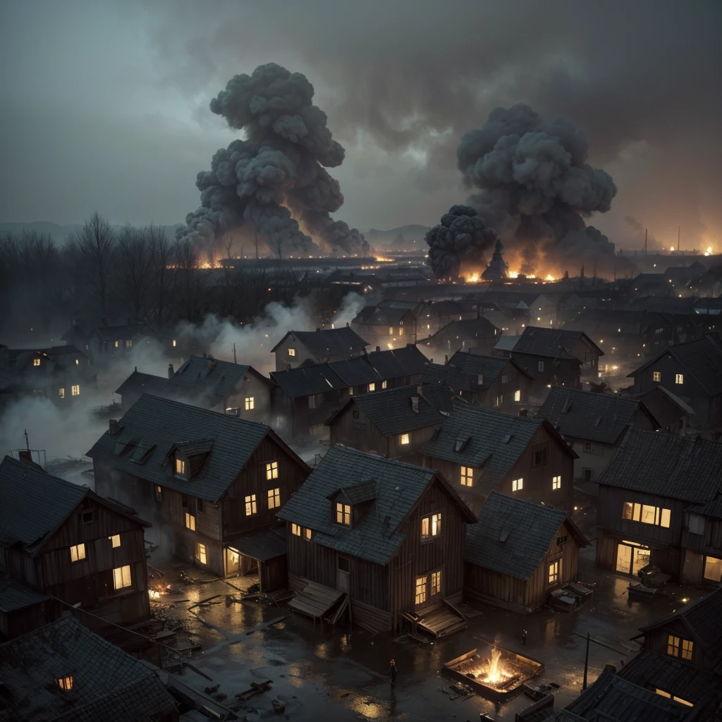 a village devastated by flames, houses and buildings in ruins with a broken fountain in the center, details of the flames still burning some structures and ash floating in the air, the environment is dark and suffocating with a dense fog of smoke, feeling of despair and abandonment, detailed oil painting, with dramatic brushstrokes and dark colors, --ar 16:9 --v 5