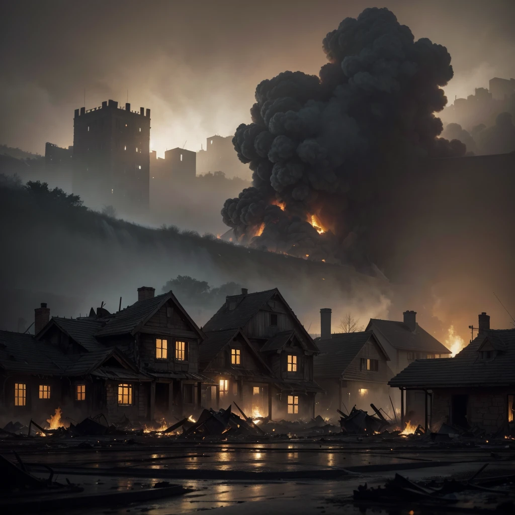 a village devastated by flames, houses and buildings in ruins with a broken fountain in the center, details of the flames still burning some structures and ash floating in the air, the environment is dark and suffocating with a dense fog of smoke, feeling of despair and abandonment, detailed oil painting, with dramatic brushstrokes and dark colors, --ar 16:9 --v 5