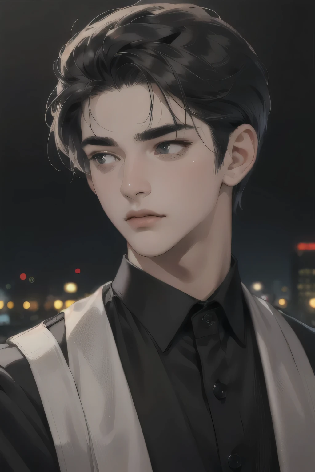 1 person, portrait, beautiful illustration, watercolor, hand-drawn lines, masterpiece, top quality, super high resolution, twilight, cityscape, man stands alone, depth of field, short black tousled hair, Only the hand, (thick and decent eyebrows, large arched eyebrows, big eyes, black eyes, Chiseled face, a big nose, wide forehead, dark skin, Tear sacs, Long eyelashes), In a black suit
