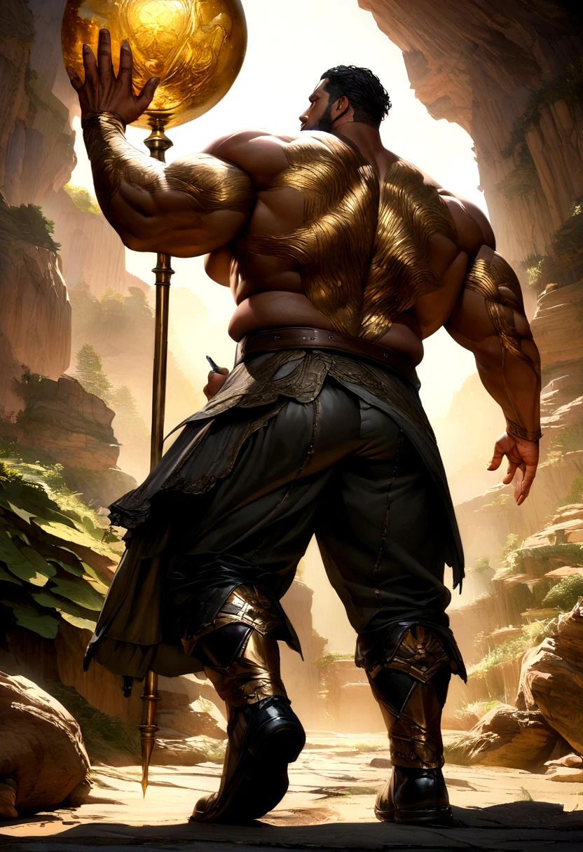 handsome mixed halfwhite black man in fantasy roguish outfit wear, high detail, 36 years old, buff, short curly hair, 8k, mystical, magical, ultra hd, realistic, vivid colors, He wears a white trench coat and is shirtless underneath. His trousers are pure white with a black cover over his right leg connected to one of his two belts. His shoes are a bright golden hue and large tattoos decorate a great deal of his body, including his back, chest, and forearms.
highly detailed, UHD drawing, pen and ink, perfect composition, beautifully detailed intricate insanely detailed octane rendering trending on artstation, 8k artistic photography, photorealistic concept art, soft natural volumetric cinematic perfect light, huge manly bubble butt, highly detailed and perfect face,  realistic hands, 