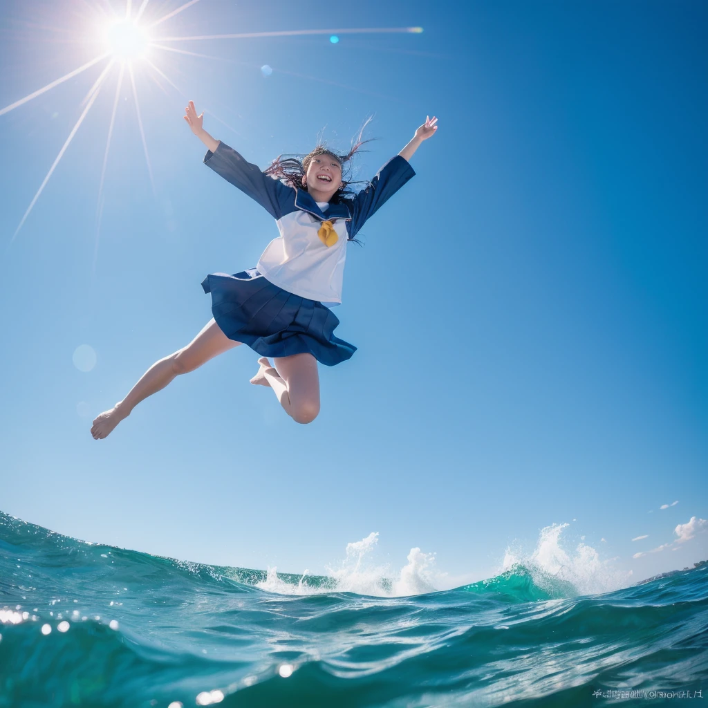 masterpiece, 8K quality, High definition, realistic pictures, professional writing, There is a woman jumping in the air from underwater to the sky., ((A pose that looks like dancing with the face facing upwards)), face upwards, dance in the air,artistic swimming, jump towards the viewer, jump towards viewer, she is floating in the air, jump into the air, jump on the audience, jump, jump with arms up, floating in the air, floating on the ground, Jump for joy, jump pose, horizontally jump!!!, wearing a sailor suit, high school girl,((Big wave crashing down)), ((Splashes of water splashing from the body)), Clear blue sky and white clouds, Sunlight flares