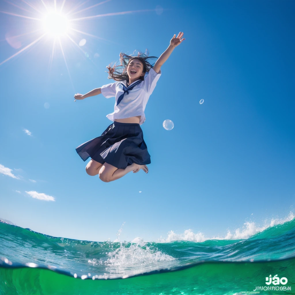 masterpiece, 8K quality, High definition, realistic pictures, professional writing, There is a woman jumping in the air from underwater to the sky., ((A pose that looks like dancing with the face facing upwards)), face upwards, dance in the air,artistic swimming, jump towards the viewer, jump towards viewer, she is floating in the air, jump into the air, jump on the audience, jump, jump with arms up, floating in the air, floating on the ground, Jump for joy, jump pose, horizontally jump!!!, wearing a sailor suit, high school girl,((Big wave crashing down)), ((Splashes of water splashing from the body)), Clear blue sky and white clouds, Sunlight flares
