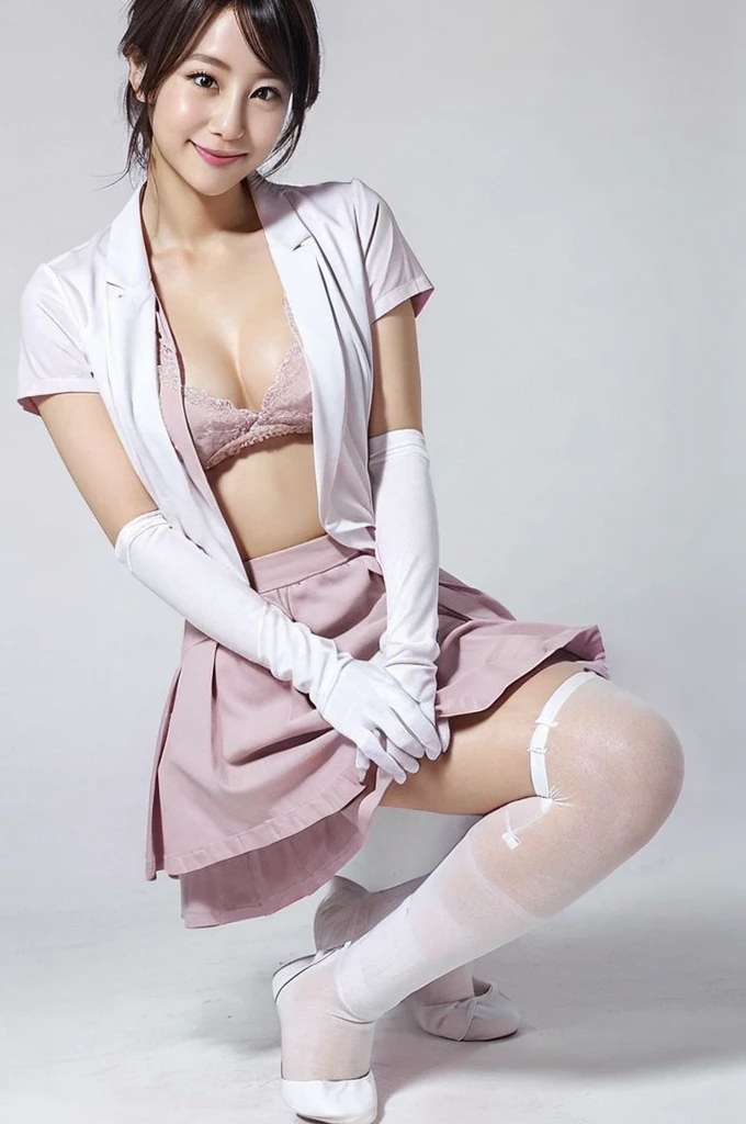 nsfw,nude,Open Chest,1 Female, nurse, nurse Cap, Whiteware, ((White legwear, zettai ryouiki)), White gloves,  Pink lipstick, smile, Are standing, Sharp contours, Short sleeve, Highest quality, Tabletop, clinic、Browsing Caution,Focus on the thighs,Upturned nipples、Spread your legs wide、Angle from below、Crouching、hands on thighs