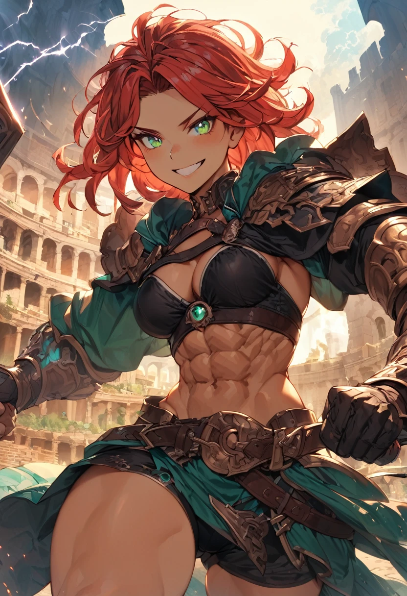 Adult female, fantasy, fantasy Colosseum, bloody, happy, bloody smile, perfect smile, highly detailed, very short red hair, emerald irises, barbarian, toned body, well-defined abs, thin black robes, fighting, perfect detail, perfect eyes, black pupils, vibrant eyes, thunder thighs, alone, solitary fighting