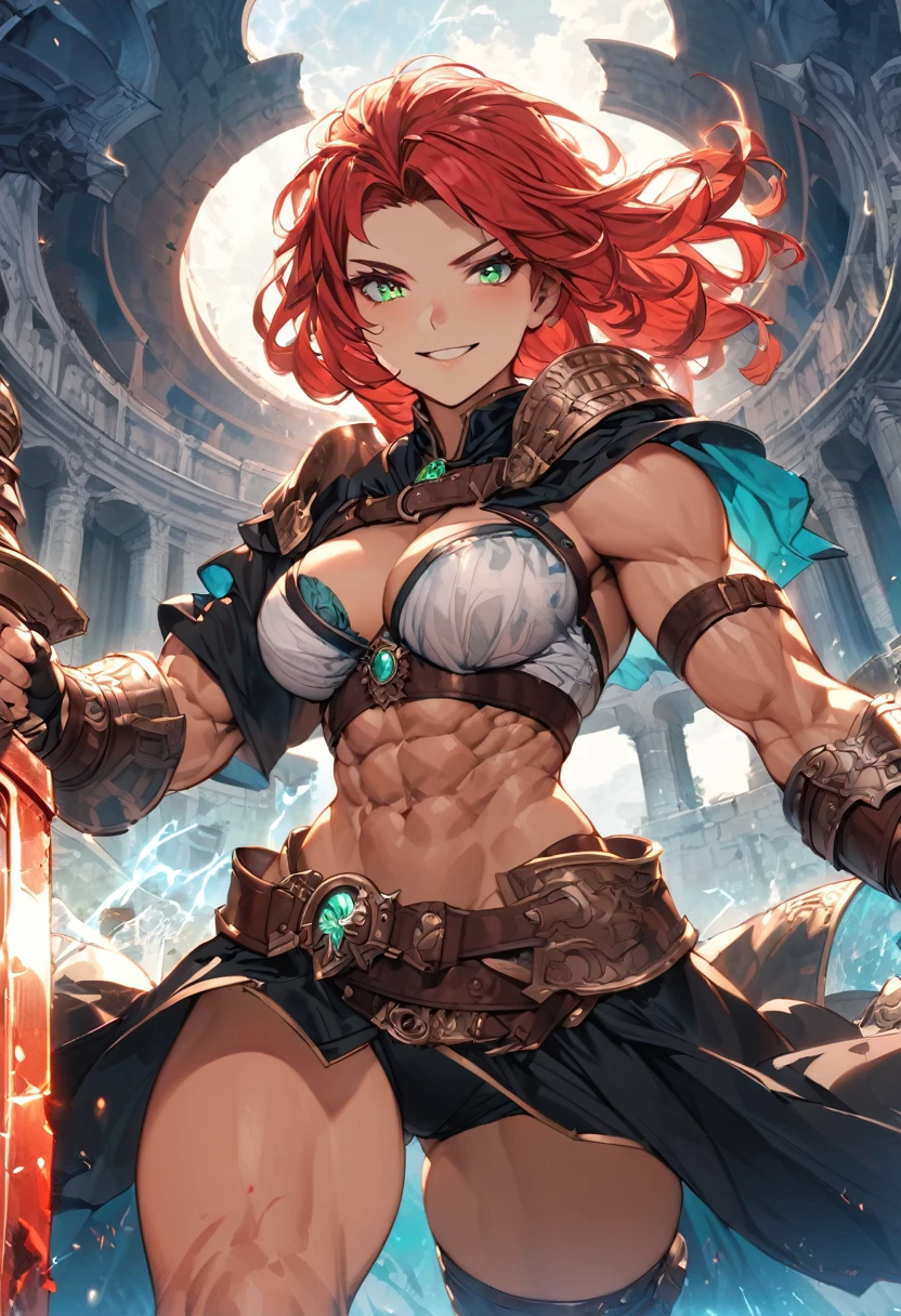 Adult female, fantasy, fantasy Colosseum, bloody, happy, bloody smile, perfect smile, highly detailed, very short red hair, emerald irises, barbarian, toned body, well-defined abs, thin black robes, fighting, perfect detail, perfect eyes, black pupils, vibrant eyes, thunder thighs, alone, solitary fighting
