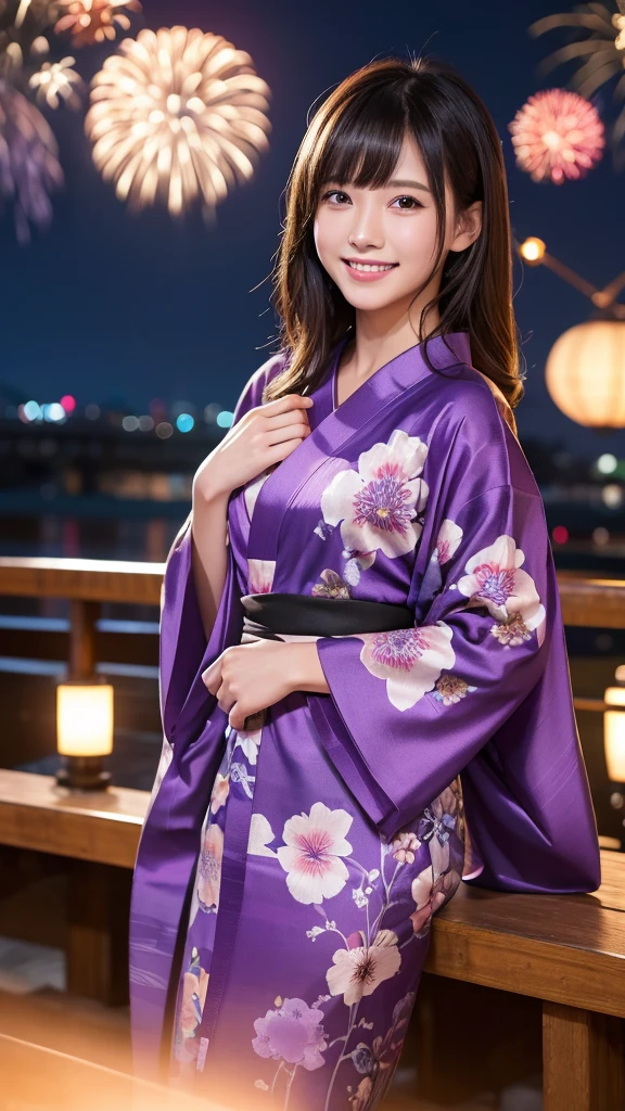 night、A glamorous atmosphere、firework、Matte fabric、Purple large floral pattern yukata、Cotton kimono、stylish （night景、night、smile）、night空、bangs、No makeup、（masterpiece、8K,RAW Photos、High resolution:1.4）、girl&#39;Her calm expression is、Emphasized by the soft look..。 Canon EOS R6 Mark II and Sigma 50mm f/2.Used in combination with 8/1.4 DG HSM Art Lens、シーンのあらゆるニュアンスがHigh resolutionでキャプチャされます。