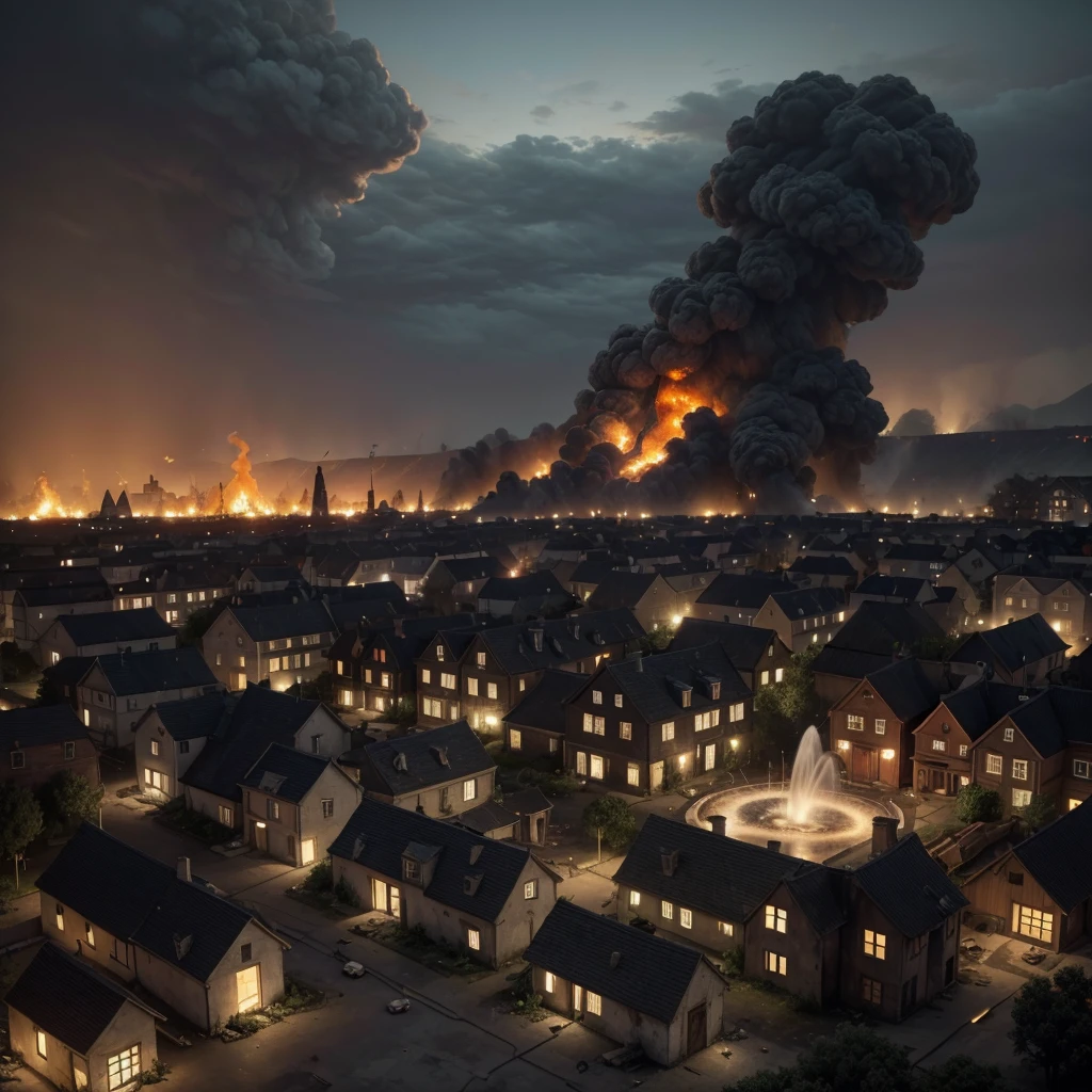 a village devastated by flames, houses and buildings in ruins with a broken fountain in the center, ruins covered in soot and remains of domestic life scattered across the ground, the sky is cloudy with clouds of black smoke, climate of total devastation and loss, Digital illustration, shaded art with red and orange highlights to represent fire, --ar 16:9 --v 5