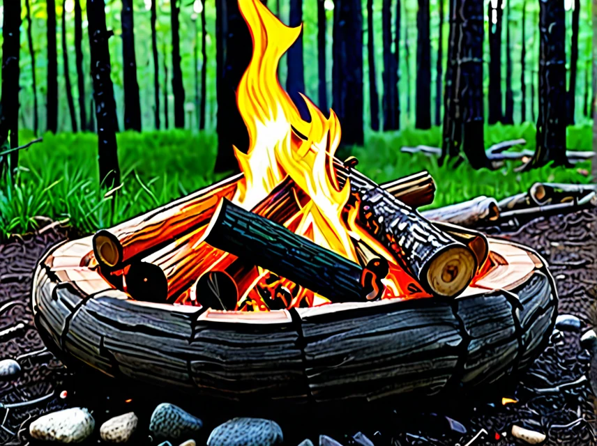 Create a realistic video of a campfire in a forest setting. The fire should be vibrant, with flames dancing and casting warm, flickering light. Include sounds of crackling wood and occasional sparks. Surround the fire with natural elements like trees and rocks, and ensure the scene feels immersive and tranquil. The video should be 10 minutes long, focusing on the soothing and mesmerizing aspects of the fire.