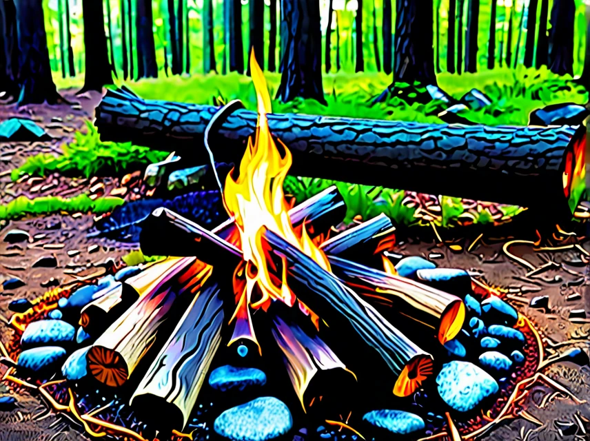 Create a realistic video of a campfire in a forest setting. The fire should be vibrant, with flames dancing and casting warm, flickering light. Include sounds of crackling wood and occasional sparks. Surround the fire with natural elements like trees and rocks, and ensure the scene feels immersive and tranquil. The video should be 10 minutes long, focusing on the soothing and mesmerizing aspects of the fire.